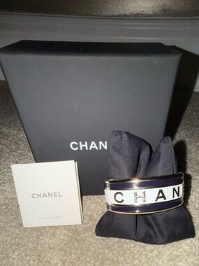 CHANEL AUTHENTIC Black, White & Gold Logo Enamel Cuff Bracelet “NEW”